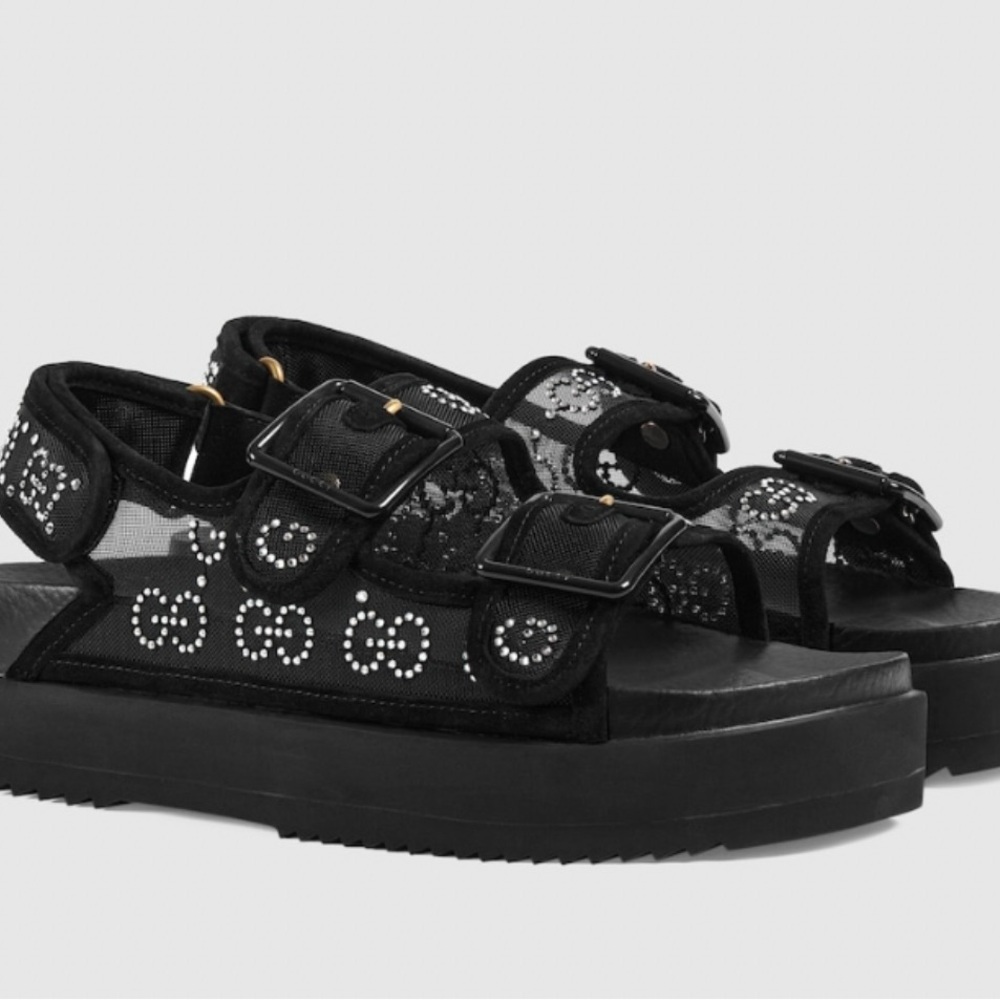 Gucci Black Mesh Sandals with Studded Detail